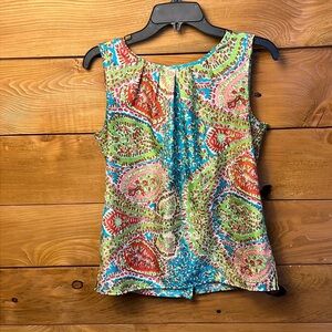 Talbots Women multicolor Paisley Sleeveless Top 4 summer back buttons scoop neck